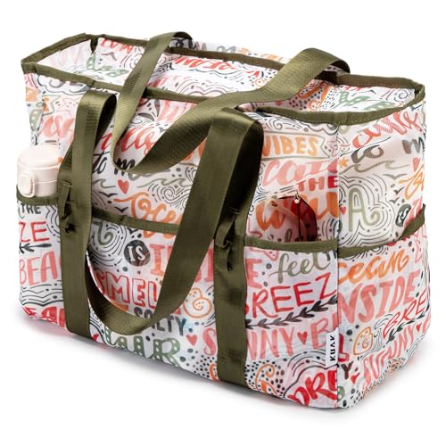 KUAK Mesh Beach Bag, Large Beach Tote with Top Zipper, 9 Pockets, Inner Waterproof Pocket for Family Pool Vacation Essentials