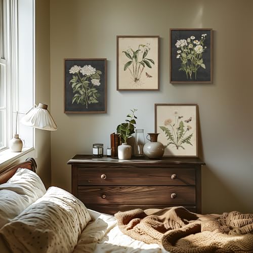 Framed Vintage Botanical Wall Art Bedroom, 4 Piece Rustic Farmhouse Floral Canvas Prints Artwork, Neutral Flower Butterfly...