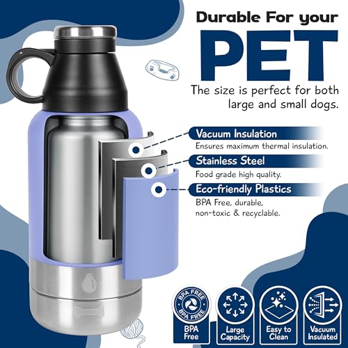 WRTZ Portable Dog Water Bottle with 2 Removable Water Bowls for Dogs – Leak-Proof Insulated Stainless Steel Dog Water Bott...