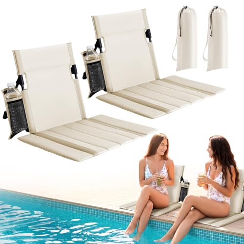 2 Pack Portable Poolside Chairs, Foldable Legless Beach Chairs for Adults with Cup Pocket, Lightweight Ground Seat Small B...