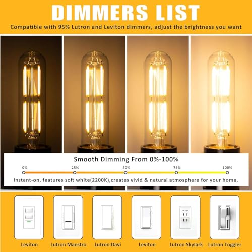 Dimmable T10 LED Light Bulbs 6 Watt Equivalent 60W E26 Edison Tubular Long Bulbs Warm White 2700K, Desk Lamp, Bedbroom Caf...