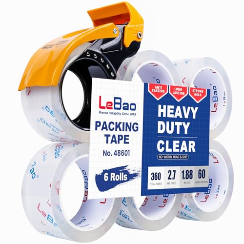 LeBao Clear Heavy Duty Shipping Packing Tape with Metal Dispenser, 6 Rolls 2.7 Mil Thick Ultra Strong Packaging Tape Refil...