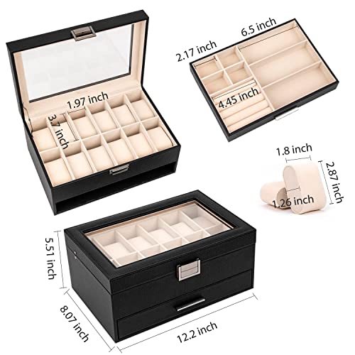 Voova Jewelry Box Organizer for Men Women, 2 Layer Large 12 Slot PU Leather Watch Storage Case, Glass Top Jewelry Display ...