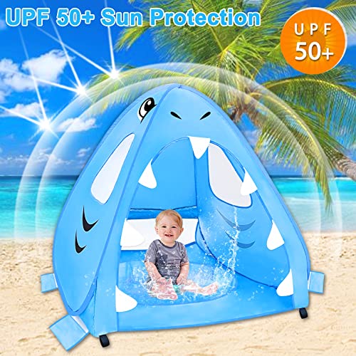 [ Extra High ] Shark Baby Beach Tent with Pool, Pop Up Kiddie Pool Tents Baby Beach Essentials UPF 50+ UV Protection 4 San...