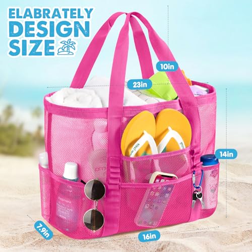 KPX Mesh Beach Bag, Large Beach Tote Bags for Women Foldable Mesh Swimming Pool Bag with Mini Pockets - Sandproof, Waterproof
