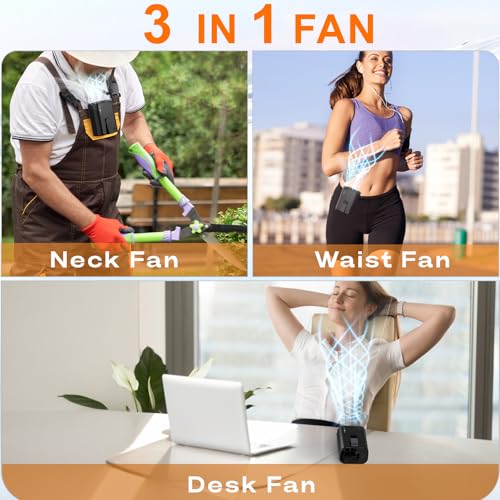 AI Portable Personal Waist Neck Rechargeable Fan, 3-Speed 10000RPM Brushless Motor Desktop Fan Hands-Free Neck Hanging F...