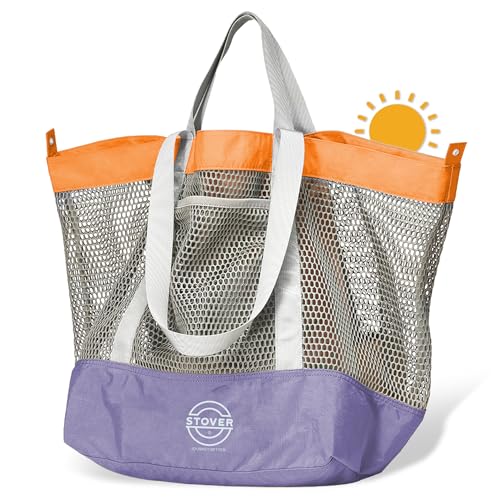 STOVER Extra Large Mesh Beach Bag, Vacation, Pool, Shopping & Travel Tote - Foldable w/Storage Pouch & Pockets for Women, Men