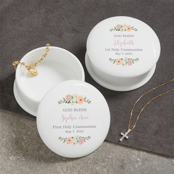 Personalization Universe Pink Porcelain Personalized Floral First Communion Jewelry Box - Customizable with Name, Date & M...