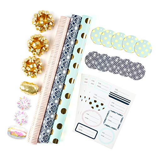 MAYPLUSS Wrapping Paper Set - Mini Roll with Bow & Ribbon & Gift Tags & Stickers - 17 inch X 120 inch Per roll - Pink Gold...