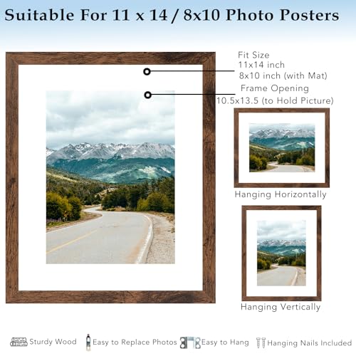 QOTIB 11x14 Picture Frame with 8x10 Mat Deep Brown, Display 8x10 with Mat or 11x14 Without Mat, Wood 11 by 14 Photo Frame,...