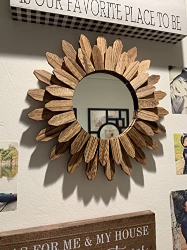 Honiway Wall Mirror Decorative 12 inch Rustic Wood Mirror Sunburst Boho Mirror for Entryway Bedroom Living Room Bathroom H...