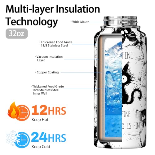 Hqhzaha Cat Water Bottle 32oz Vacuum Insulated Funny Water Bottles Thermoses with Straw Lid Cat Gifts for Cat Lovers Owner...