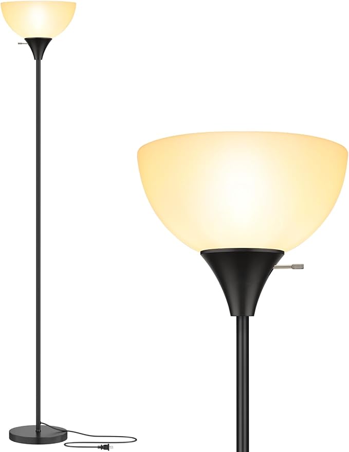 Coucrek Floor Lamp, LED Standing Lamps with White Plastic Shade, Black Modern Torchiere Floor Lamp, Tall Lamps for Living ...