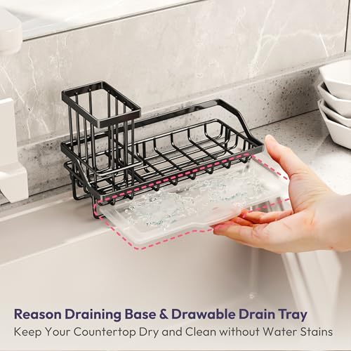 SWTYMIKI Sink Caddy Sponge Holder - Kitchen Sink Organizer with High Brush Holder for Countertop to Hold Dish Soaps and Sp...