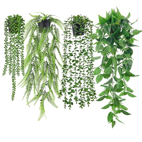 Der Rose 4Pcs Fake Plants Hanging Artificial Ivy Vine Faux Eucalyptus Hanging Plants, Boston Fern, String of Pearls for Li...