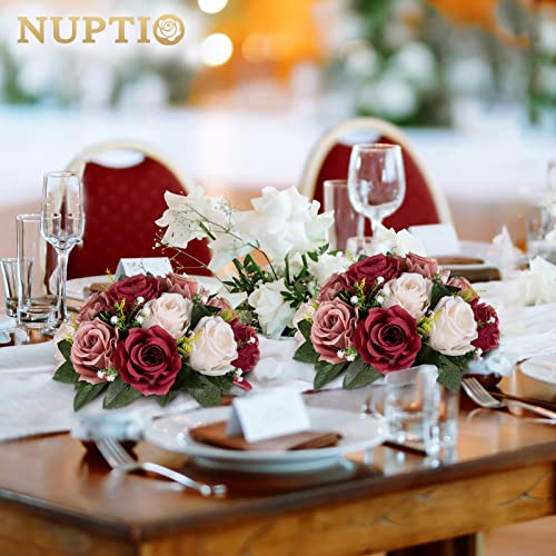Nuptio Artificial Flower Centrepieces for Tables - 6 Pcs Burgundy & Dusty Rose & Creamy White Fake Flowers Roses Balls 9.5...