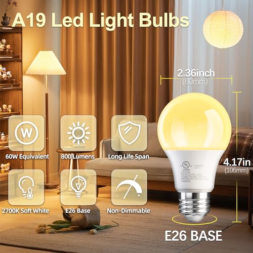 TJOY 24 Pack A19 LED Light Bulbs Soft Warm White 2700K, 60 Watt Equivalent, Efficient 9W, E26 Standard Base, Non Dimmable ...