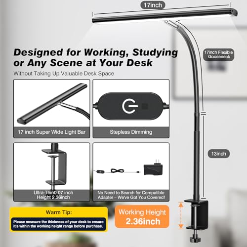 Airlonv LED Desk Lamp for Office Home, Eye-Caring Desk Light with Stepless Dimming Adjustable Flexible Gooseneck, 10W USB ...