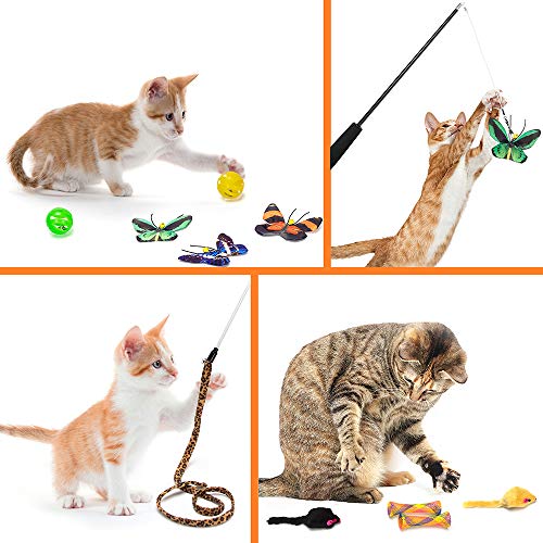 AWOOF Butterfly Cat Wand Cat Toys Set, Realistic Crinkle Catnip Butterflies Kitten Toys with Retractable Interactive Cat W...