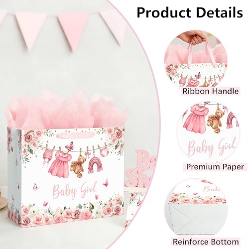 Yusenguan 13" Large Baby Gift Bag for Girl, Pink Floral Design with Handles, Tissue Paper and Gift Card, Perfect for Girl ...
