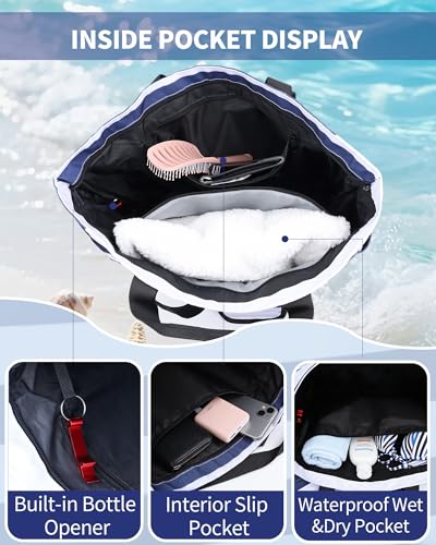 NBERMOTION Beach Bag with Detachable Cooler, 62L Large Beach Bags Waterproof Sandproof for Women,Travel Tote Bag for Family
