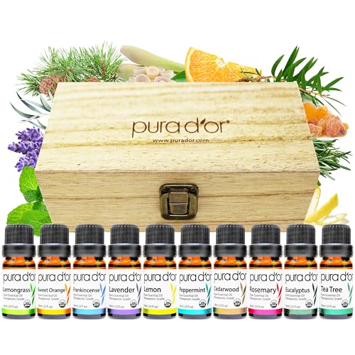 PURA D'OR Organic Perfect10 Essential Oils Set - 10x 10mL Wood Box Aromatherapy Gift Set - 100% Pure Therapeutic Grade for...