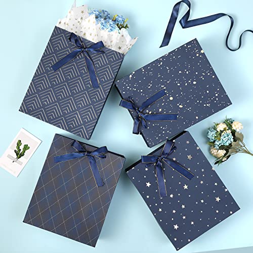 KomoLeay 4 Pack 9" Medium Size Gift Bags Assorted Premium Blue Gift Bags with Tissue Paper Use for Birthdays, Baby Shower,...