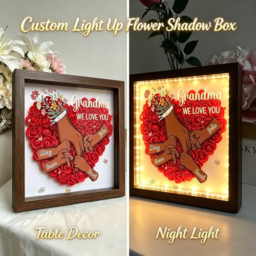 ROSLILY Personalized Mom Flower Shadow Box with Kids Names, Mommy Holding Hands Shadow Box, Custom Light Up Mother's Day P...