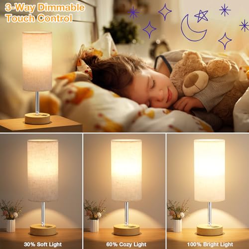 Dicoool Touch Bedside Table Lamp with USB - 3 Way Dimmable Wood Lamp for Bedroom Nightstand, Desk Lamp with Charging Stati...
