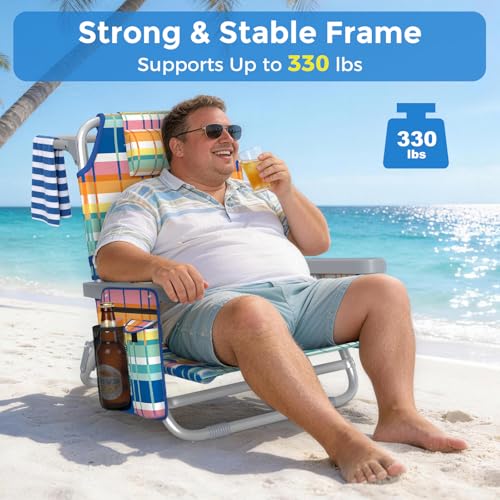 5-Position Backpack Beach Chair for Adults with Lumbar, Foldable Tall Heavy-Duty Beach Chairs with Cooler Bag,Cup Holder,T...