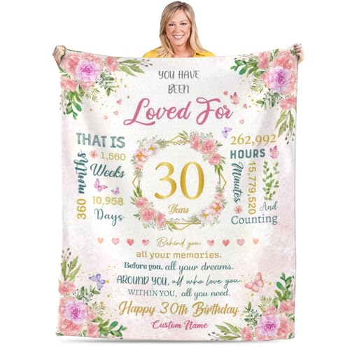 30th Personalized Birthday Blanket for Women Floral Wreath 30 Year Old Custom Name Blanket Gifts for Her Mom Daughter Wife...