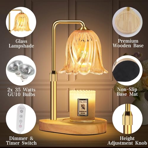 Candle Warmer Lamp with Timer Dimmable: Birthday Gifts for Women Adjustable Height Candles Light Warmers Lamps Gold Crysta...