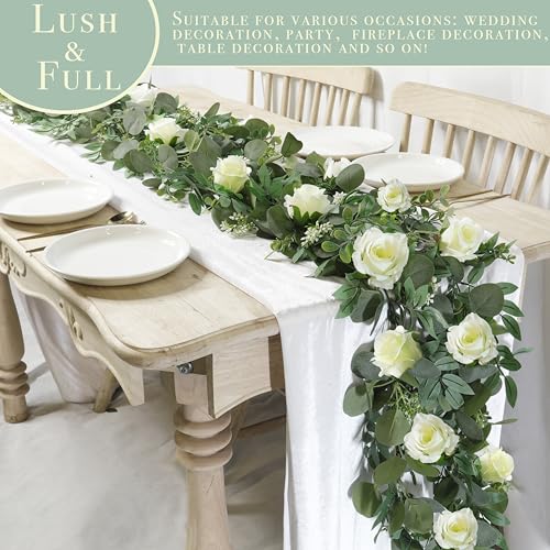 2 Pack 13Ft Artificial Spring Eucalyptus Flower Garland with White Roses, Fake Flower Greenery Floral Green Garland Vines ...