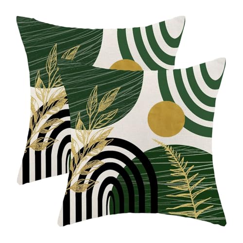 AEIOAE Boho Green Gold Pillow Covers 18x18 Set of 2 Mid Century Tropical Leaf Decorative Throw Pillow Abstract Outdoor Lin...