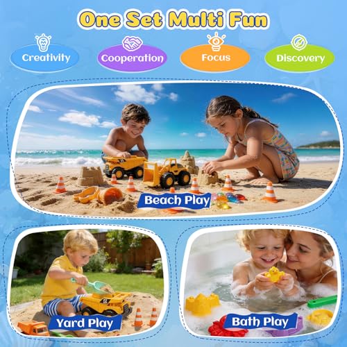UBeesize 37 PCS Beach Toys , 3-in-1 Construction & Treasure Hunt Sand Toys with 2 Collapsible Buckets, 2 Trucks, Castle Bu...