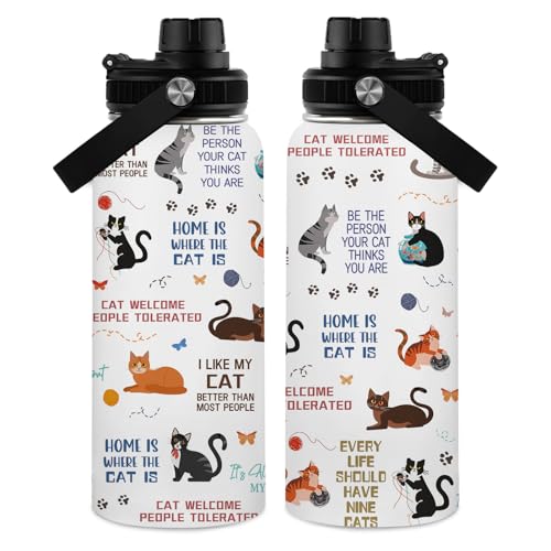 Cats Gifts for Women, 32 oz Insulated Water Bottle, Stainless Steel Sports Travel Bottles, Cute Cat Water Bottles Gifts fo...