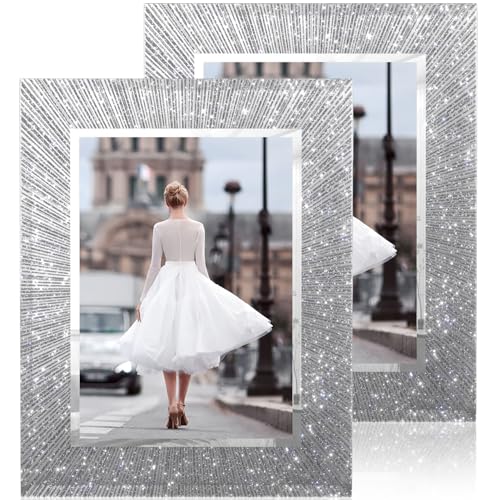 Flocey 5x7 Picture Frame Glass 2 Pack, Sparkly Glitter Photo Frame 5 x 7 Mirror Crystal Wedding Gift Wall and Tabletop Dis...