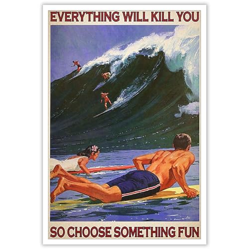 Enveable Retro Hawaii Surfing Fun Poster Summer Tropical Beach Hawaiian Island Beach Art Blue Ocean Wave Surfer Water Spor...