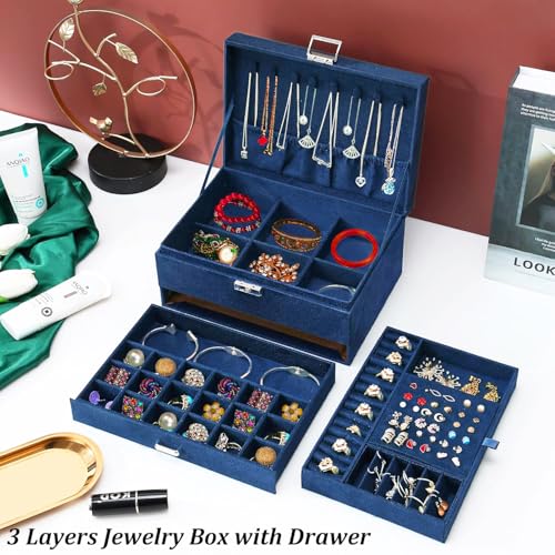 QBestry 3-Layer Jewelry Box for Women with Lock and Key & Drawer, Large Jewelry Organizer with 8 Necklace Hooks & 56 Earri...