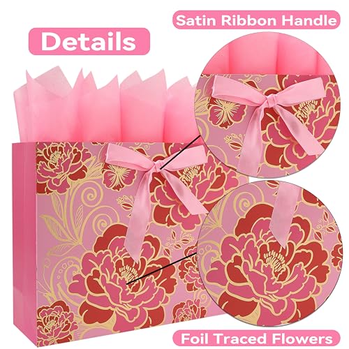 16.5" Extra Large Rose Pink Gift Bag Set with Greeting Card and Tissue Paper(Foil Traced Flowers) for Celebrating Birthday...