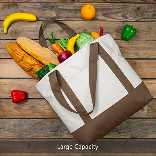 TOPDesign 1-Pack Canvas Tote Bag with an External Pocket, Reusable Grocery Shopping Bag, Top Zipper Closure, Daily Essenti...