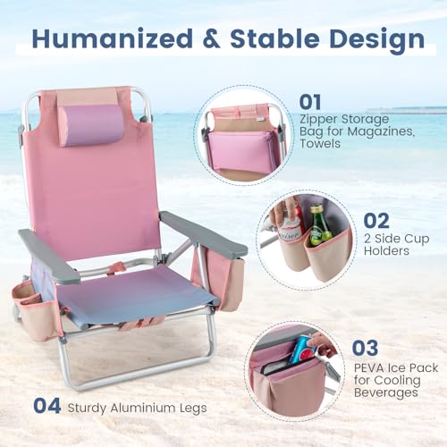 Tangkula Set of 2 Backpack Beach Chair, 5-Position Lay Flat Beach Chairs with Cooler Bag, 2 Cup Holders, Towel Bar, Lightw...