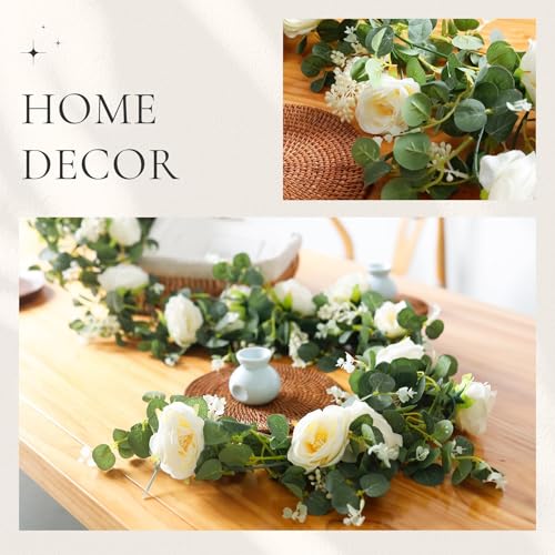 Der Rose 2 Pcs 13FT Artificial Floral Garland, Flower Eucalyptus Spring Garland with Champagne Rose, Faux Flower Vine for ...