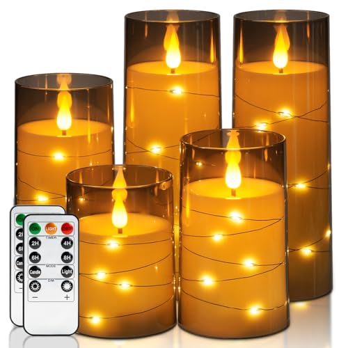 Homemory Flameless Candles with Embedded Star String Fairy Lights, Battery Operated Candles, LED Candle, Fake Candles with...