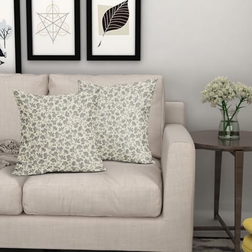 Kawani Daisy Floral Block Print Pillow Covers 18X18 Inch Gray Grey Beige Flowers Decorative Square Pillow Cases Set of 2 F...
