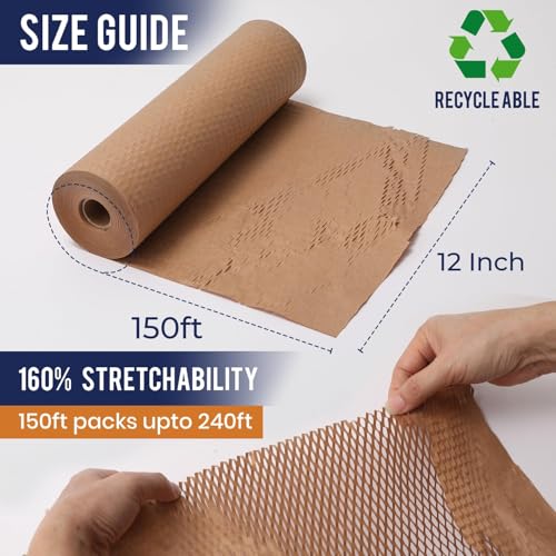 Honeycomb Packing Paper 12" x 150ft with Rope & 20 Fragile Stickers|Shipping & Moving Supplies|Small Business Packaging Su...