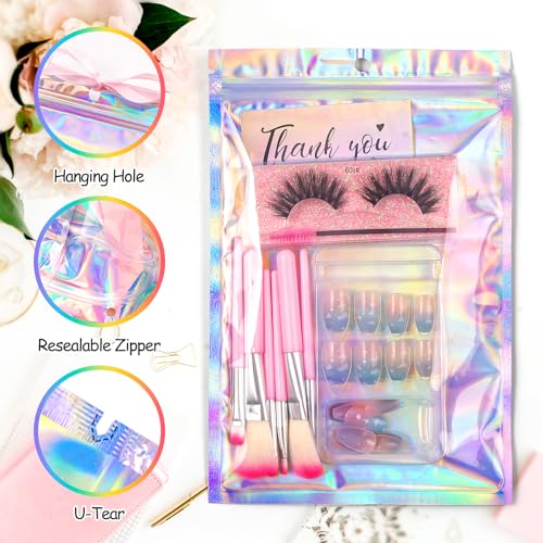 Funfery 6.3x9.4in Smell Proof Holographic Resealable Bags,Mylar Foil Bags with Zipper,Iridescent Party Favor Bag for Goodi...