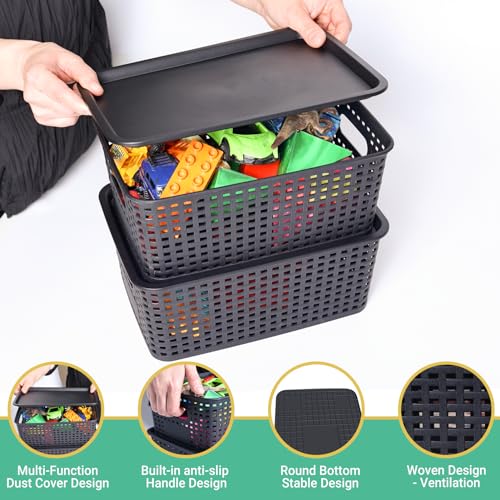 Plastic Storage Baskets with Lid-Plastic Storage Containers Stackable Storage bins: Storage Baskets for Organizing Shelves...