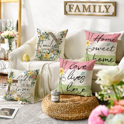 AVOIN colorlife Spring Home Sweet Home Family is Everything Floral Throw Pillow Covers, 18 x 18 Inch Cross Flowers Cushion...
