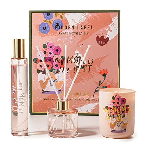 Hidden Label Soy Candle Set: Geranium & Rose 'Best Mom' Gift with Reed Diffuser & Room Spray